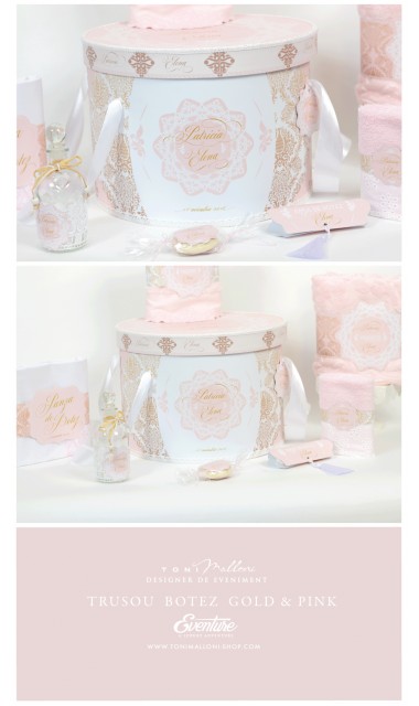 Trusou de botez clasic si elegant in nuante de alb, roz si auriu, Lacy 1